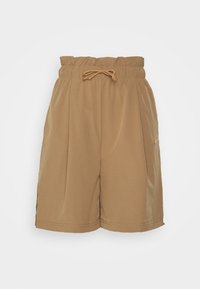 Bruna shorts med elastiskt midjeband och justerbar dragsko, med sidofickor och en slät, lätt textur. Enkelt design, inga mönster.