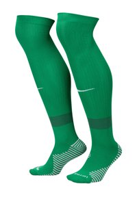 Calze verde a ginocchio con texture a coste, una banda verde scuro e dettagli a strisce bianche sulle suole. Design leggero e sportivo.