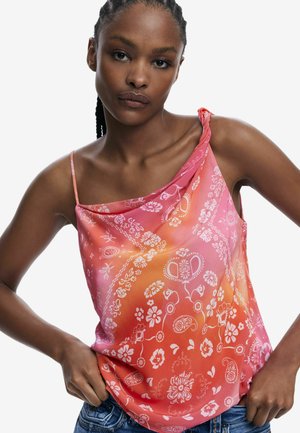 Top aus leichtem Stoff in pinkem Verlauf, mit floralen und Paisley-Mustern. Asymmetrisches Design und dünne Träger.