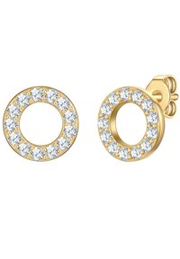 Zlate kružne uhane z okroglo obliko, okrašene s čistimi rhinestones okoli zunanjega roba. Gladka površina in varno zatiče.