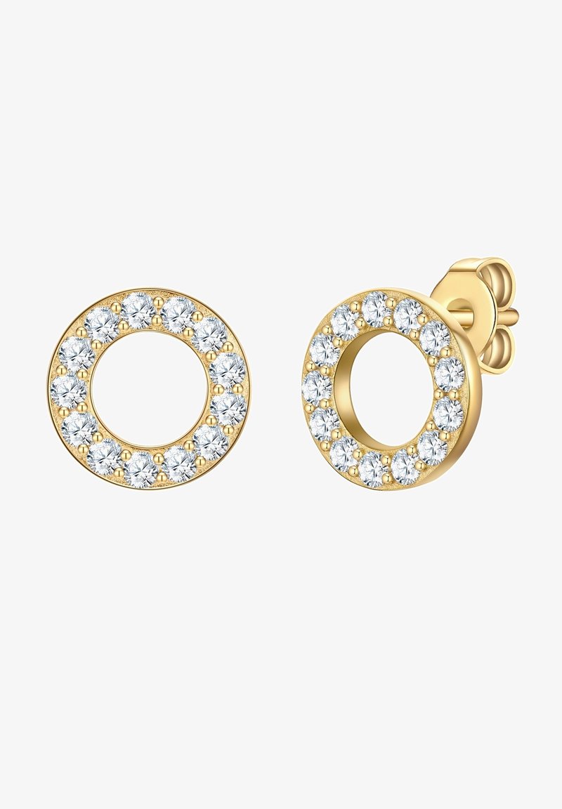 Zlate kružne uhane z okroglo obliko, okrašene s čistimi rhinestones okoli zunanjega roba. Gladka površina in varno zatiče.