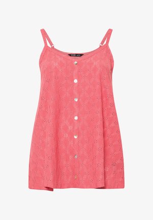 Koralfarvet ærmeløs kjole med tynde stropper, knaplukning foran og blomstret øjle-blondemønster over hele stoffet.