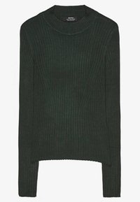 Rippstrickpullover in tiefgrün mit Rundhalsausschnitt und langen Ärmeln, leicht verkürztem Saum und strukturiertem Stoff.