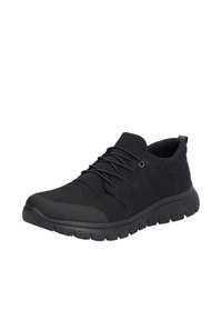 Black athletic shoe with a mesh upper and textured accents, featuring elastic laces, a padded collar, and a thick rubber sole.