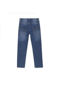 Blå denimjeans med rak ben-design, fem fickor och kontrasterande sömmar på bakfickorna. Snygg yta, medelhög midja.