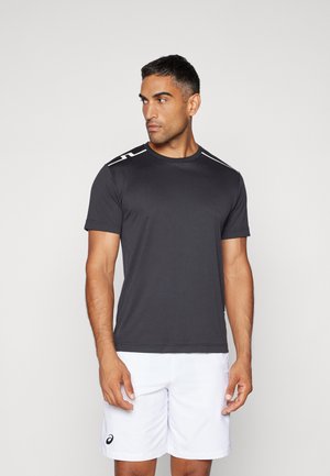 Herrarnas t-shirt med kort ärm i mörkgrått, tillverkad av fuktavledande material, med vita detaljer på axlarna.