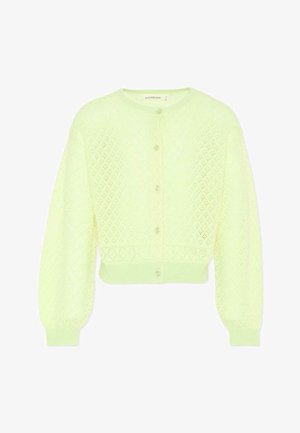 Cardigan en maille jaune pâle avec motif en losanges ajourés, manches longues bouffantes, poignets côtelés et six boutons sur le devant.