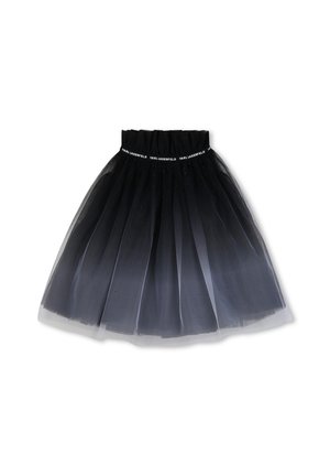 Jupe midi en tulle noir avec ceinture élastique présentant un marquage répétitif "KARL LAGERFELD" autour du bord supérieur.