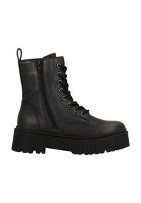 Botines negros de imitación cuero, con cordones en la parte delantera, cremallera lateral y una suela de goma gruesa y estriada para mayor agarre.