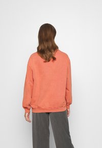 Sudadera de color coral, de tamaño grande, con puños y dobladillo acanalados, que presenta un ajuste relajado y una textura suave. Combinada con pantalones grises holgados.