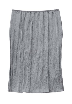 Gray pleated skirt made of lightweight fabric, features a soft texture, elastic waistband, and reaches knee-length. Simple and versatile design.