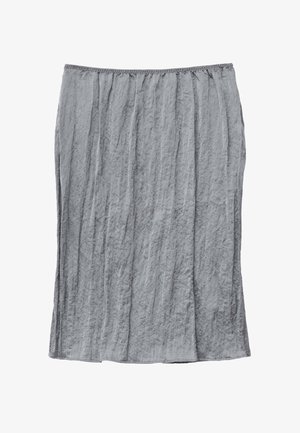 Gray pleated skirt made of lightweight fabric, features a soft texture, elastic waistband, and reaches knee-length. Simple and versatile design.