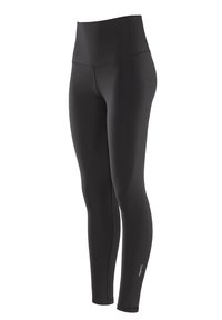 Leggings neri a vita alta realizzati in un tessuto elasticizzato, caratterizzati da un design elegante e cuciture visibili lungo i lati, con un logo sulla parte inferiore della gamba.