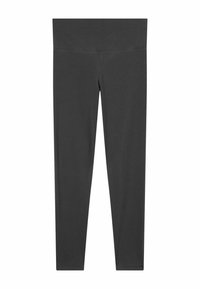 Zwarte leggings van een gladde, rekbare stof, met een hoge taille en zonder zichtbare naden of patronen, wat zorgt voor een strakke, effen uitstraling.