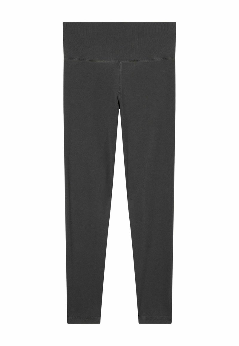Leggings neri in tessuto liscio e elastico, con vita alta e senza cuciture o motivi visibili, che offrono un aspetto elegante e uniforme.