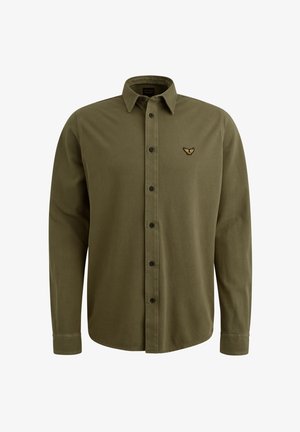 Camisa de algodón verde oliva de botones, con collar puntiagudo, mangas largas, botones negros y un pequeño logo bordado en el pecho.