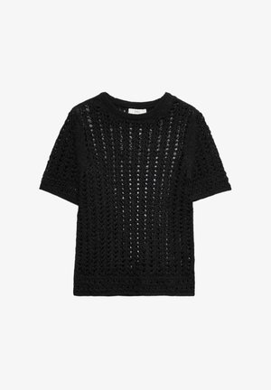 Schwarzer kurzärmeliger gestrickter Pullover mit offenem Strickmuster und Rundhalsausschnitt, leicht und strukturiert.