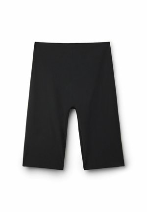 Černé vysoké šortky vyrobené z elastického materiálu s hladkým povrchem, s rovnými nohavicemi a bez viditelných zapínání nebo ozdob.