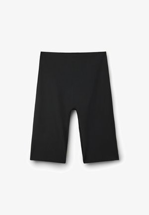 Černé vysoké šortky vyrobené z elastického materiálu s hladkým povrchem, s rovnými nohavicemi a bez viditelných zapínání nebo ozdob.