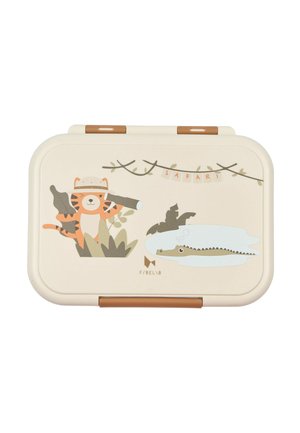 Pudełko na lunch z beżową obudową i brązowym zawiasem, ozdobione ilustracjami tygrysa i krokodyla na tle z liśćmi.