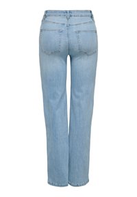 Light blue denim jeans with a straight leg design, mid-rise waist, and two back pockets. The fabric features a smooth, slightly faded texture.