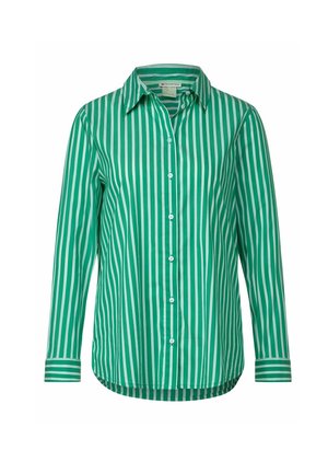 Groene gestreepte shirt met witte verticale strepen, lange mouwen, puntige kraag en knoopsluiting. Glad materiaal en gebogen onderrand.