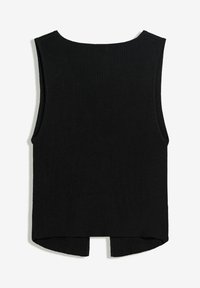 Črna rebrasta brezrokavnica s krožnim izrezom in kratkimi bočnimi razporki na robu, prikazana na belem ozadju.