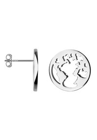 Sötsilvriga örhängen formade som en glob, med utskurna kontinenter och hjärtan. De har en polerad yta och en postbak med en dekorativ design.