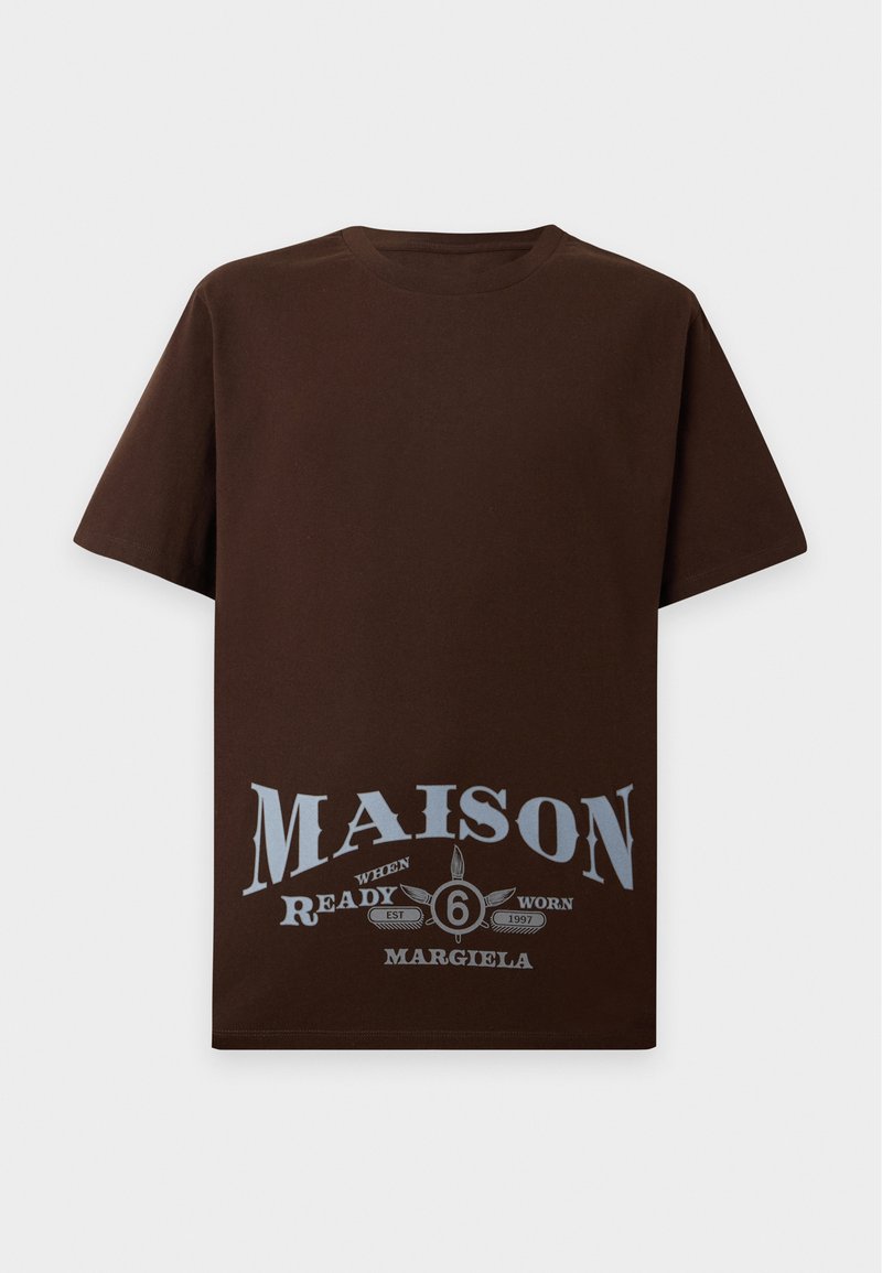 Brown short-sleeve T-shirt with large light blue text "MAISON 6" and smaller text "Ready Worn Margiela Est 1997" at the bottom front.