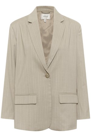 Blazer a strisce beige con rever a punta, chiusura con un solo bottone e due tasche anteriori. Realizzato in un tessuto testurizzato, presenta una fodera interna liscia.