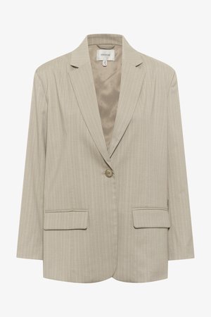 Beige gestreifter Blazer mit Reverskragen, einreihigem Knopfverschluss und zwei Fronttaschen. Hergestellt aus einem strukturierten Stoff, verfügt er über ein glattes Innenfutter.