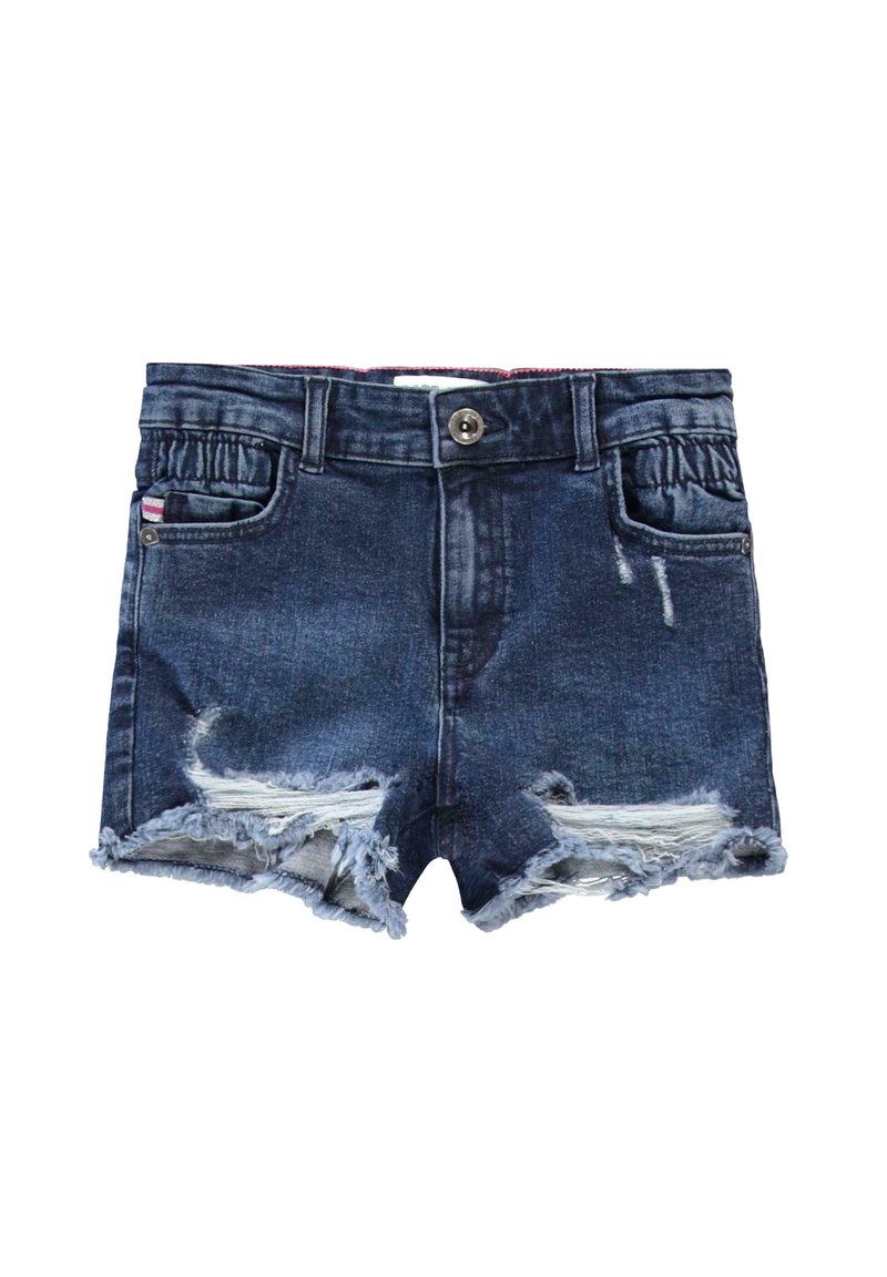 Denim shorts in een donkere wassing met rafelige zomen, een versleten voorkant, twee zakken en een zilveren knoopsluiting. Elastische tailleband voor comfort.