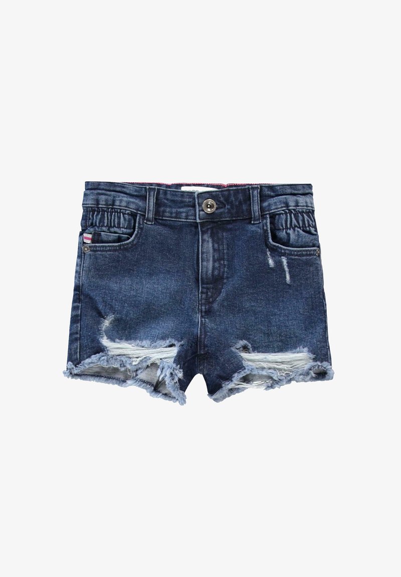 Denim shorts in een donkere wassing met rafelige zomen, een versleten voorkant, twee zakken en een zilveren knoopsluiting. Elastische tailleband voor comfort.