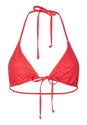 Rotes Triangel-Bikinioberteil mit verstellbaren Nacken- und Rückenbändern, aus glattem Stoff.