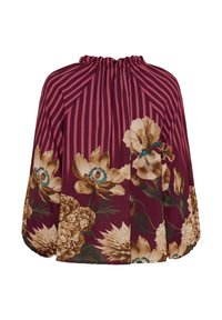 Bordeaux blomsterbluse med samlet halsudskæring, der har lodrette striber, store cremefarvede og brune blomster og flydende 3/4 ærmer.