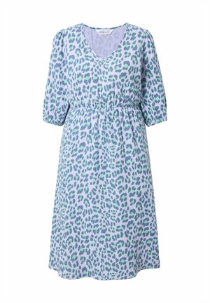 Vest met V-hals en korte puffmouwen in lichtpaarse stof, voorzien van een abstract luipaardprintpatroon in groen en blauw, met een elastische taille.