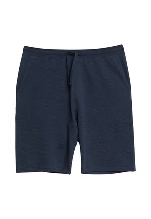 Dunkelblaue, strukturierte Shorts mit Vordertaschen und Kordelzug in der Taille, flach auf weißem Hintergrund liegend.