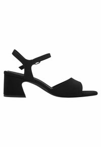 Sorte ruskind ankelrem sandal med peep toe-design, der har en chunky hæl og en blød tekstur for komfort.