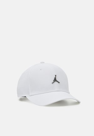 Cappellino da baseball bianco in tessuto, con il logo Air Jordan nero ricamato sul davanti. Visiera curva e chiusura regolabile sul retro.