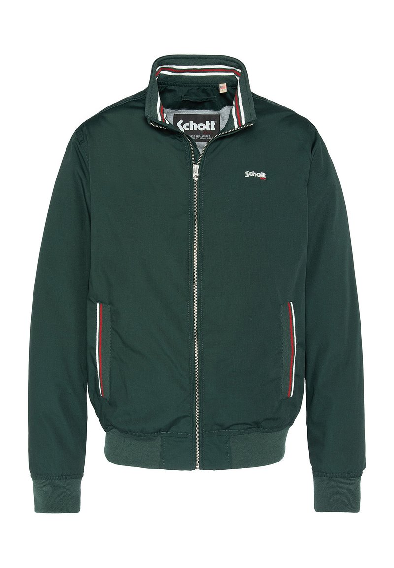 Grüne Bomberjacke mit Reißverschluss vorne, geripptem Kragen und gestreiften Akzenten. Verfügt über zwei seitliche Taschen mit kontrastierendem Besatz und elastischen Bündchen.