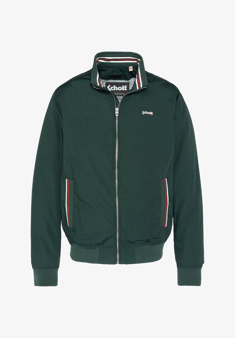 Giacca bomber verde con zip frontale, colletto a coste e accenti a righe. Presenta due tasche laterali con bordature a contrasto e polsini elastici.