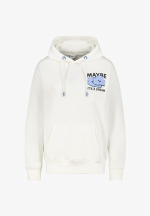 Cream-colored hoodie featuring a front pocket, drawstrings with blue accents, and graphic text and clouds in light blue and black.