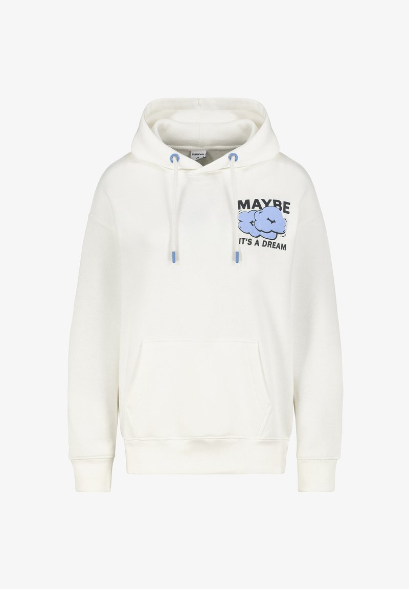 Cream-colored hoodie featuring a front pocket, drawstrings with blue accents, and graphic text and clouds in light blue and black.