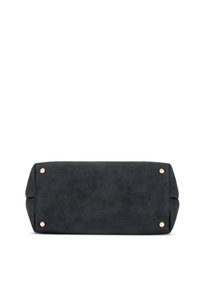 Sort tekstureret clutch taske med rektangulær form, der har guldfarvede hardware-detaljer på hjørnerne og en glat overflade.