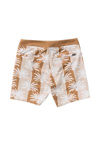 Men's swim shorts in tan with white palm tree pattern, featuring a smooth fabric, back pockets, and an elastic waistband.