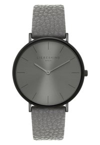 Analog Uhr mit mattem grauen Zifferblatt und schwarzem Edelstahlgehäuse; verfügt über ein strukturiertes hellgraues Lederarmband und minimalistische schwarze Stundenmarkierungen.