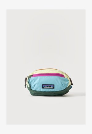 Petit sac banane multicolore Patagonia avec des sections bleues, jaunes, vertes et violettes et une poche avant zippée avec le logo de la marque.
