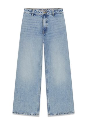 Hellblaue, weit geschnittene Jeans mit Knopf- und Reißverschluss vorne, Gürtelschlaufen und dezenten Wascheffekten.