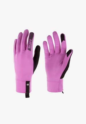 Par de guantes morados con detalles negros en los pulgares y las palmas, uno mostrando el reverso con el texto "BUFF" en el dedo índice.