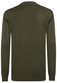 Oliven grøn strikket sweater, lange ærmer, ribbet manchetter og kant, simpel rund halsudskæring, glat tekstur, ingen synlige mønstre eller accenter.